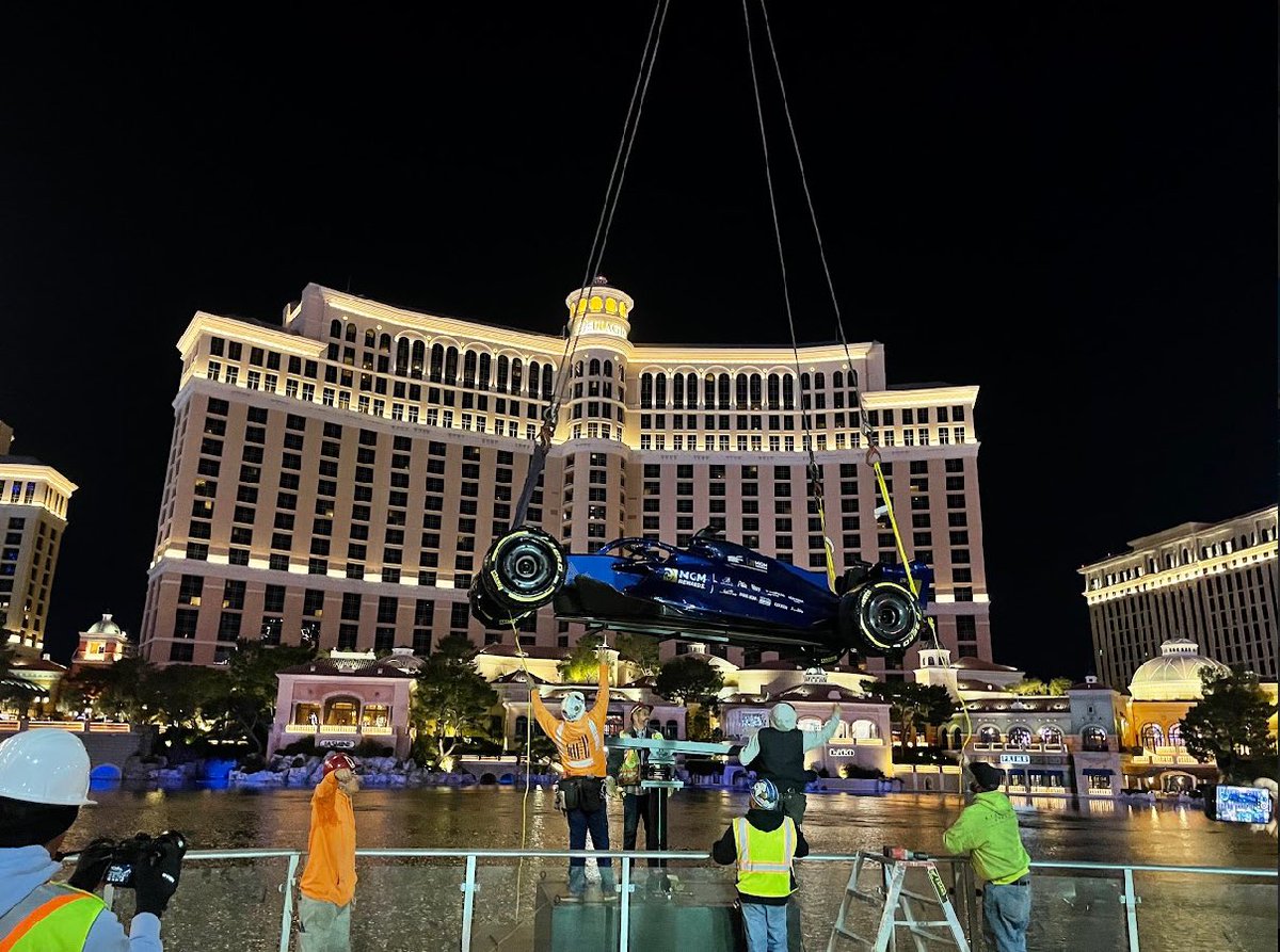 mickakers's tweet photo. MGM Rewards’ F1 Show Car was installed over the Las Vegas Grand Prix Winner’s stage at Bellagio Fountain Club. A crane hoisted the car into place. It was built in Motorsport Valley by F1 Authentics &amp; took 300 man-hours to build. #vegas #f1 #LasVegasGP https://t.co/pu2UIJxeBl