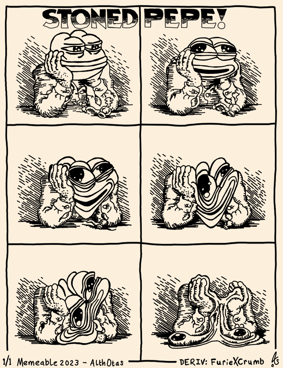 Meet STONED PEPE - my contirbution to the daily Pepe comic project @MemeablesBTC 

each comic is an ordinal, so 1/1, and up for sale for a 24h auction! Timer is already ticking! See the link in the thread below 💚

<a href="/Matt_Furie/">𝓜𝓪𝓽𝓽 𝓕𝓾𝓻𝓲𝓮</a> <a href="/robertcrumb/">robertcrumb</a> you frens might like this one
