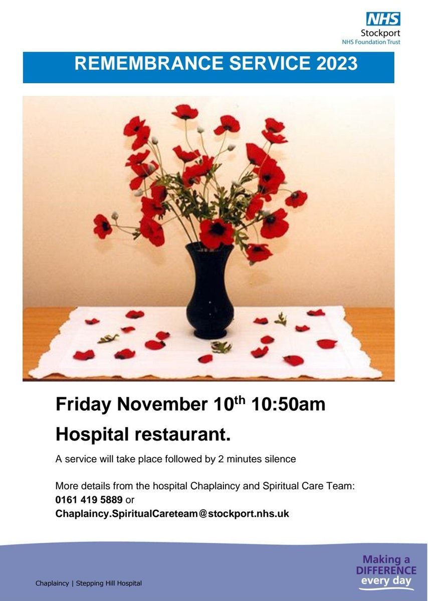 The Chaplaincy & Spiritual Care team will be holding #RemembranceDay service tomorrow @StockportNHS restaurant from 10.50am. All welcome 🌸 @warnetony @NicolaFirth6 @helshow1 @michmdavies @Nesta_NHS @CharBloor01 @mcquakee @jellybeanscot @ChrisOL05142560 @Michellepennin @lizamcil