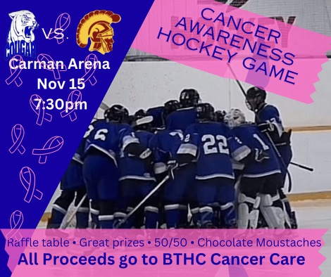 Come out a support a good cause on Wednesday, Nov 15, 2023 as the Cougars host the PCI Trojans at  7:30 PM in our annual "Hockey Fights Cancer" game in support of BTHC Cancer Care! There will be some great prizes at the raffle table!