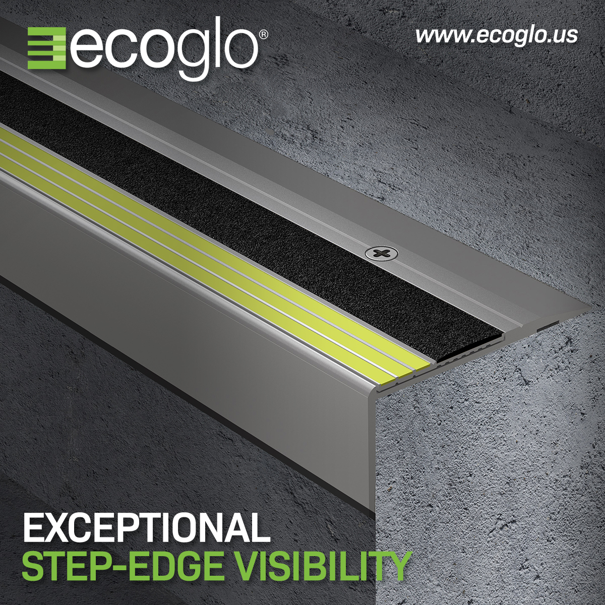 Ecoglo_EPI's tweet photo. F4-E20 Photoluminescent Anodized Flat Stair Nosing enhances egress speeds in all lighting conditions. It provides exceptional step-edge visibility after gaining a full charge from exposure to a natural or artificial light source. https://t.co/KJgQGYwMCU