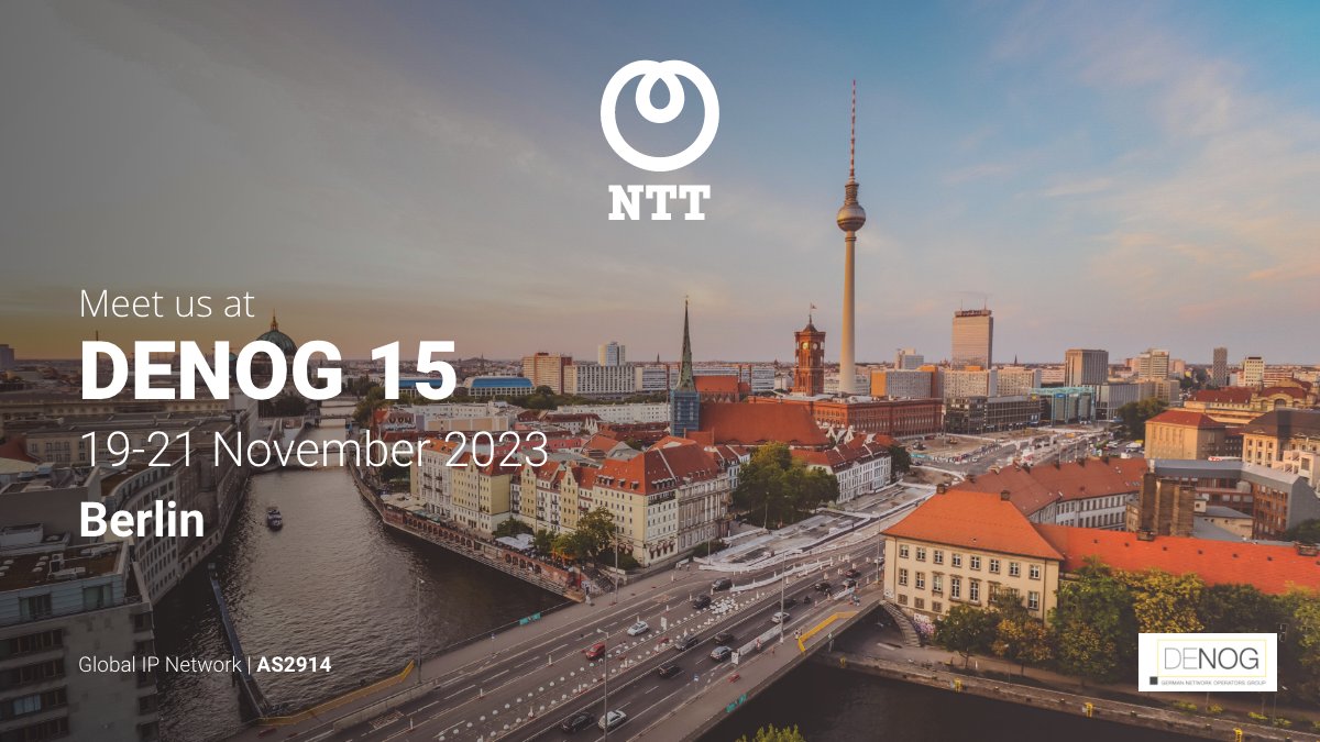 GinNTTnet's tweet photo. Our Global IP Network #AS2914 at @GlobalNTT will attend #DENOG15 hosted by @DENOGnews in Berlin. To schedule a meeting (in English or German) please DM us. More details at https://t.co/r3oFX3ZTMi. Bis bald in Berlin!
#NTT #NTTDATA #Tier1 #globalipnetwork @NTTDATA https://t.co/0cRUNti8lP