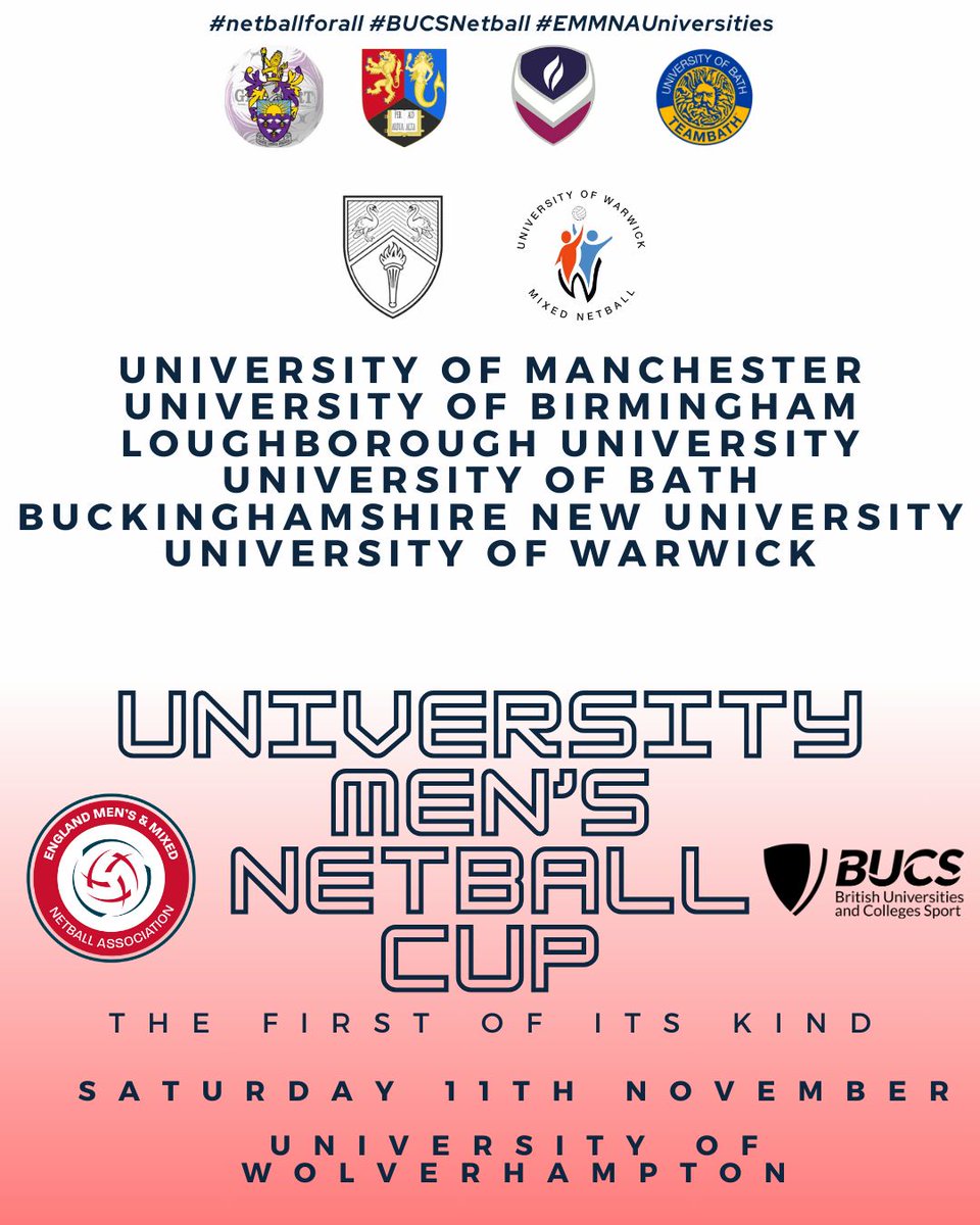 EnglandMMNA's tweet photo. ⏰ Two days away from the first-ever University Men's Netball Cup 🤩
6 Universities are participating in what will be a brilliant day of Men's Netball 🥳
📸 At the event? Tag us so we can share your experience
#netballforall #bucsnetball #emmnauniversities #mensnetball https://t.co/RPIn4Qw0kL