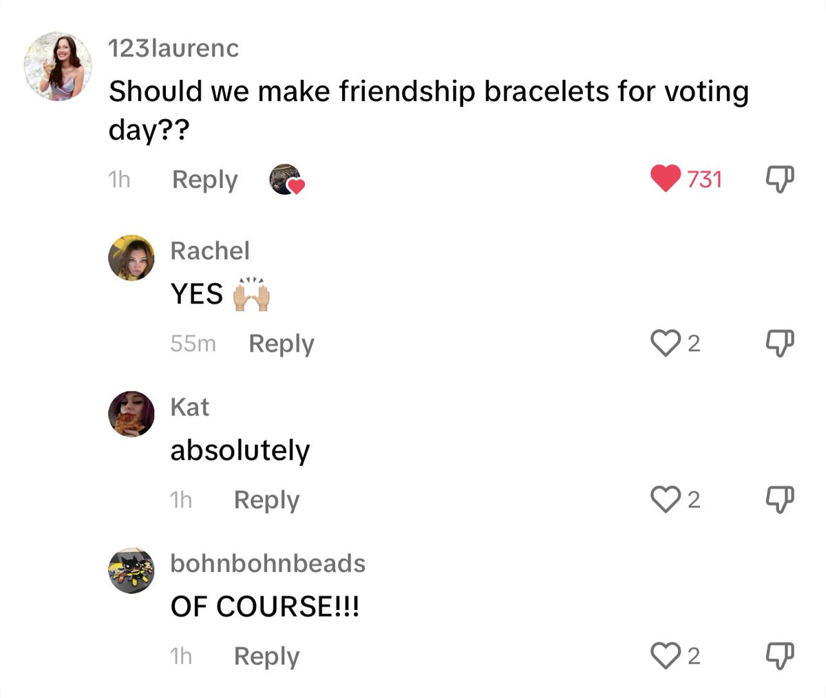 In Response to right wing commentator Charlie Kirk claiming Taylor Swift will lead to a spike in young women voting, swifties are now planning to make friendships bracelets (as Taylor’s fandom does for her concerts) for polling locations and voter registration. 

I love this 💙🗳️
