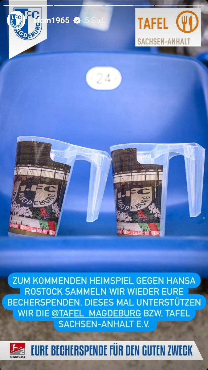Blau-weiße Fußballfans aufgepasst: Am Sonntag könnt ihr am Rande des Zweitligaspiels #FCMFCH in der MDCC-Arena euer Becherpfand für den guten Zweck spenden. Das Geld wird unserer Arbeit in den Tafeln dieses Landes zugutekommen! Danke an den FCM für das tolle Projekt. #einmalimmer