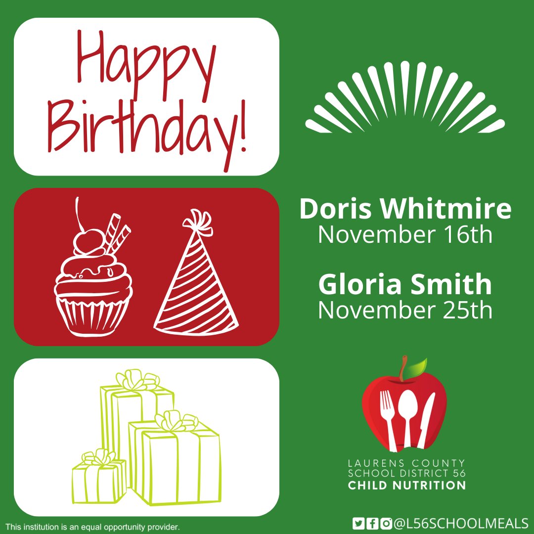 L56SchoolMeals's tweet photo. Double the joy, double the celebration! Wishing a fantastic birthday to 2️⃣ of our amazing team members born in November! 🎂🎉
.
.
.
@laurens_56 #schoolmealsmatter #theexperiencematters #LaurensSC #LaurensSouthCarolina #SCschool #LaurensCounty https://t.co/Z7Tzk1jCku