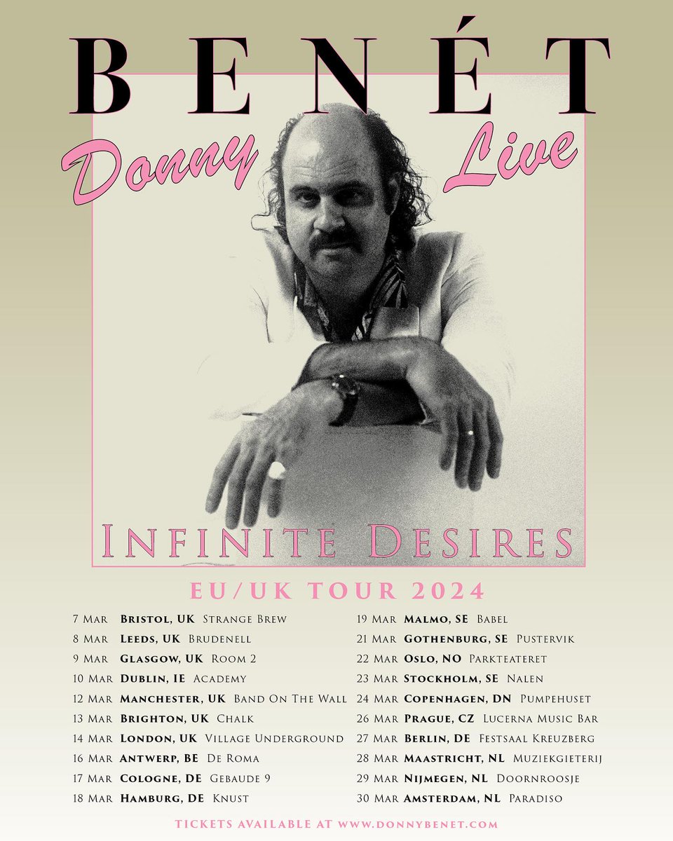 Well-known for his brand of 1980s-influenced disco-pop, @DonnyBenet will support his upcoming album, 'Infinite Desires', with a tour of the UK and Ireland this March! Secure your place now 👉 tinyurl.com/2b82jjbf