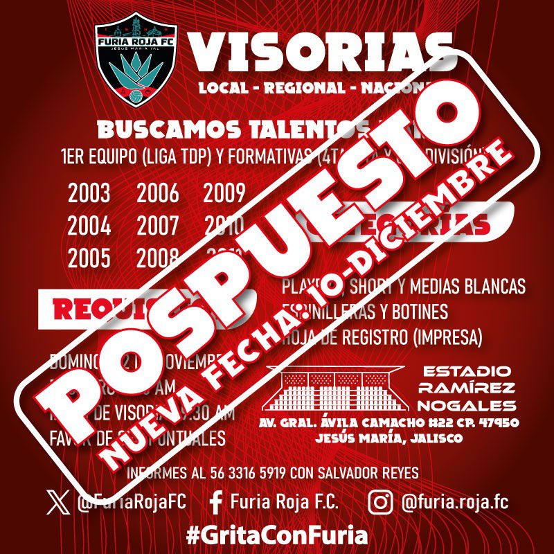 FuriaRojaFC's tweet photo. Motivando a que los jugadores tengan un mayor tiempo de preparación tanto mental como física, se ha decidido reagendar las visorias al domingo 10 de diciembre del mismo año.
Cualquier información al respecto se puede solicitar vía DM. https://t.co/fbrdjkTY70