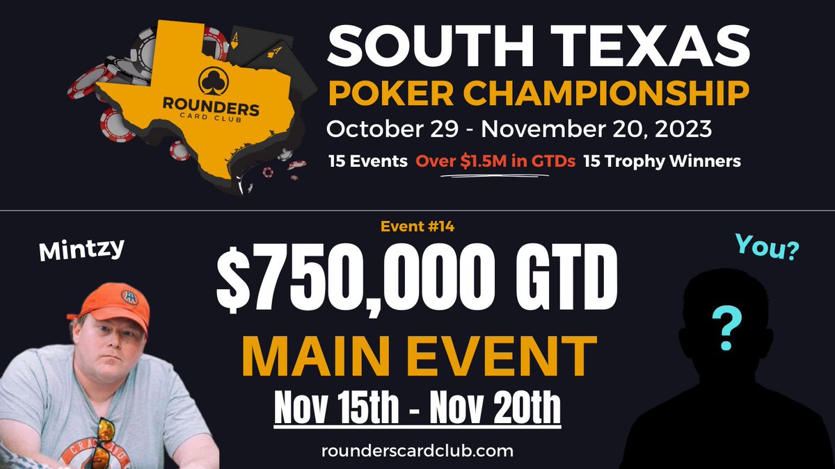 Mintzy (@stoolmintzy) on Twitter photo I will be in San Antonio next weekend to play the <a href="/RoundersCard_SA/">Rounders Card Club (Has Moved)</a> South Texas Main Event & one of you will get to go too!
We are giving away a package for a $1000 main event buy in & 2 free nights hotel stay.
To enter just like + RT this tweet & tag a poker buddy! I will be in San Antonio next weekend to play the <a href="/RoundersCard_SA/">Rounders Card Club (Has Moved)</a> South Texas Main Event & one of you will get to go too!
We are giving away a package for a $1000 main event buy in & 2 free nights hotel stay.
To enter just like + RT this tweet & tag a poker buddy!