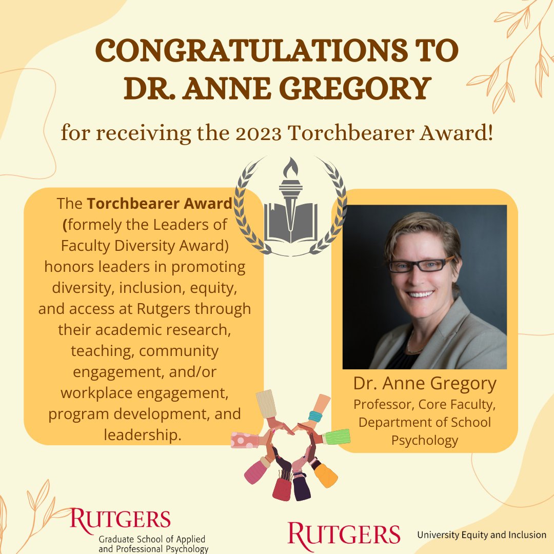 RutgersGSAPP's tweet image. 🌟 #FacultyHighlight! Congrats Dr. Anne Gregory for receiving the 2023 Torchbearer Award! 
“You do us proud by your meaningful engagement in DEI. Thank you.” - Dr. Arpana G. Inman, Dean and Distinguished Professor.
For more on this meaningful award, visit: diversity.rutgers.edu/node/2650