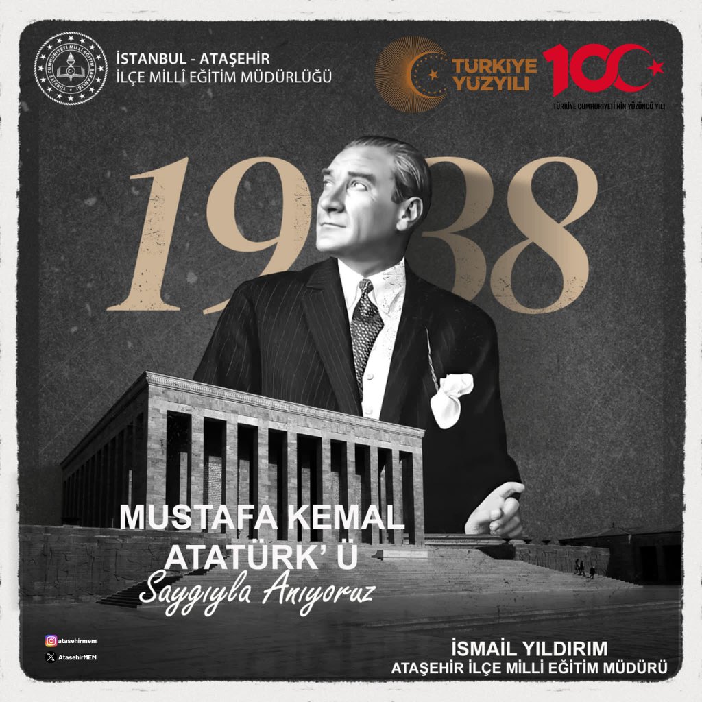 Gazi Mustafa Kemal Atatürk’ü vefatının 85. yılında saygı, sevgi ve özlemle anıyoruz.

#10Kasım 

<a href="/tcmeb/">Millî Eğitim Bakanlığı</a> <a href="/Yusuf__Tekin/">Yusuf Tekin</a> <a href="/istanbulilmem/">İstanbul İl Millî Eğitim Müdürlüğü</a> <a href="/MucahitYentur/">Murat Mücahit Yentür</a> <a href="/iyildirim58/">ismail yıldırım 🇹🇷</a>