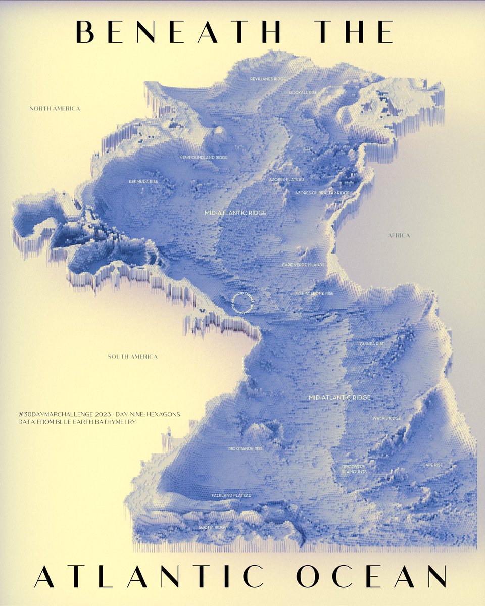 researchremora's tweet image. #30DayMapChallenge Day 9: Hexagons. Beneath (or bathymetry of) the Atlantic Ocean.

#rayshader adventures, an #rstats tale