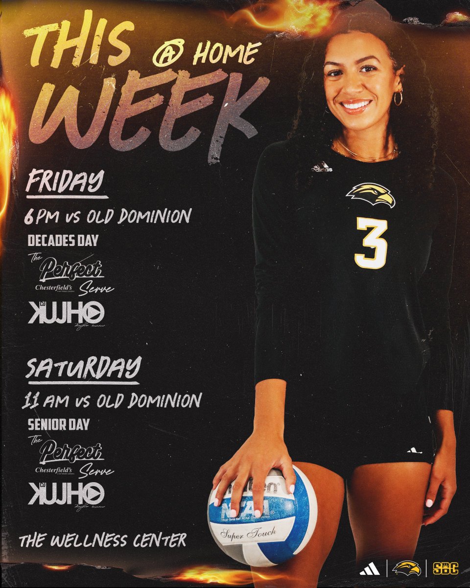 SouthernMissVB's tweet photo. .𝗟𝗮𝘀𝘁 𝗪𝗲𝗲𝗸 𝗮𝘁 𝗛𝗼𝗺𝗲 ‼️

Friday- Decades Day 🪩
Saturday-Senior Day 🎓

Featuring @djkujho 😎

#SMTTT https://t.co/UHNBWYT1EH
