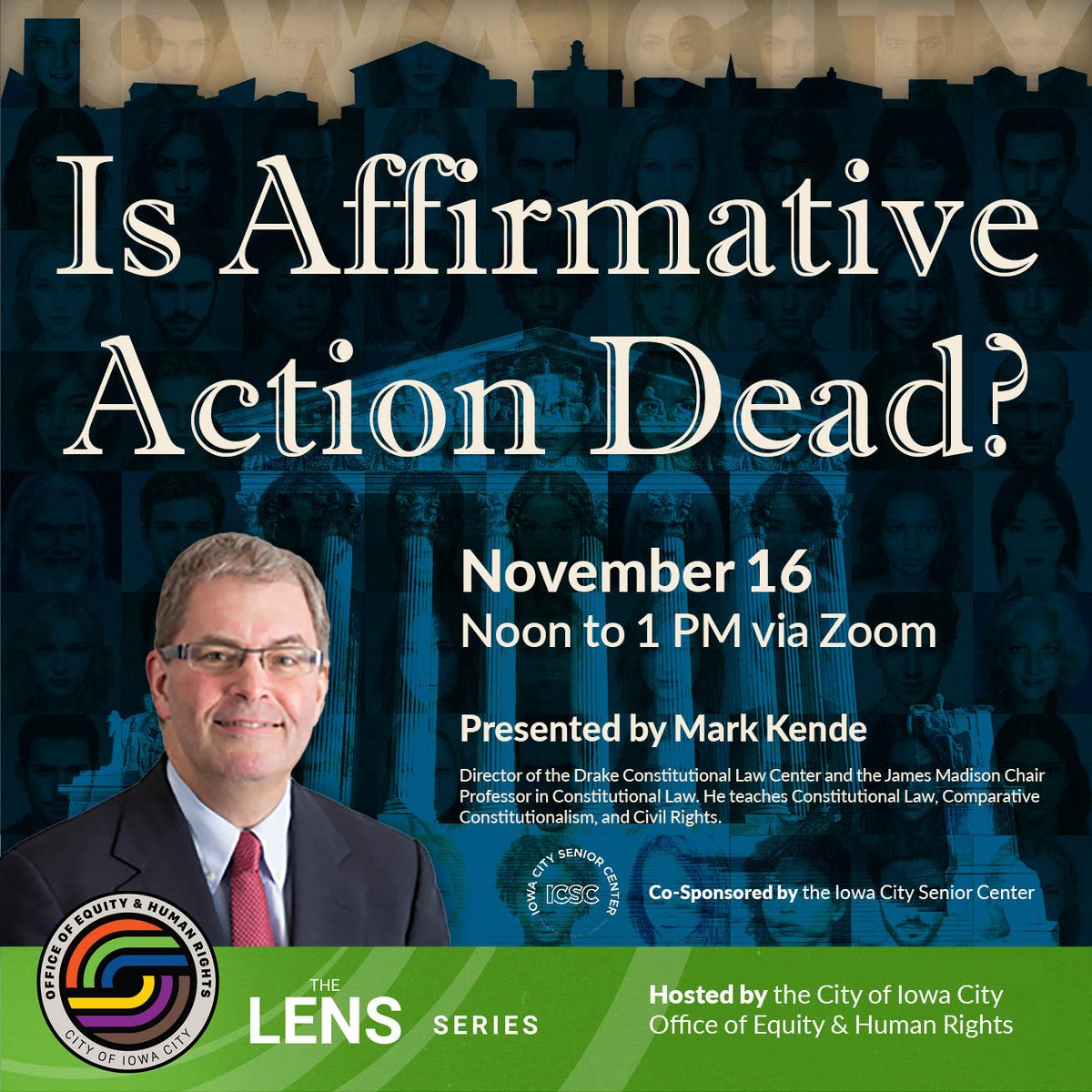 The Office of Equity and Human Rights will host a virtual discussion, "Is Affirmative Action Dead?" from noon to 1 p.m. on Thursday, Nov. 16, 2023. Check out the link to register! bit.ly/3uf5rml
