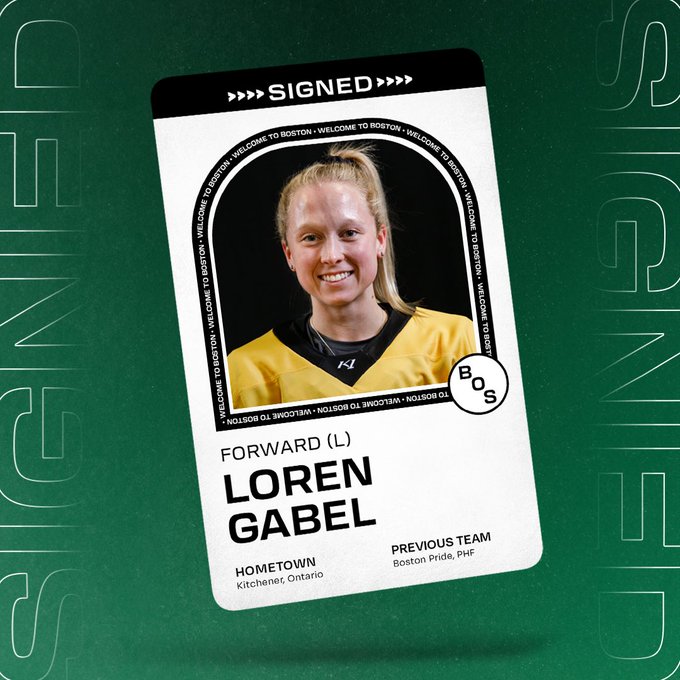 Graphic announcing the signing of forward Loren Gabel to PWHL Boston. There is a floating player card over a green background that says SIGNED across the top and includes her headshot and name with the following information beneath it: 
POS: Forward 
SHOOTS: Left 
HOMETOWN: Kitchener, Ontario 
PREV. TEAM: Boston Pride, PHF