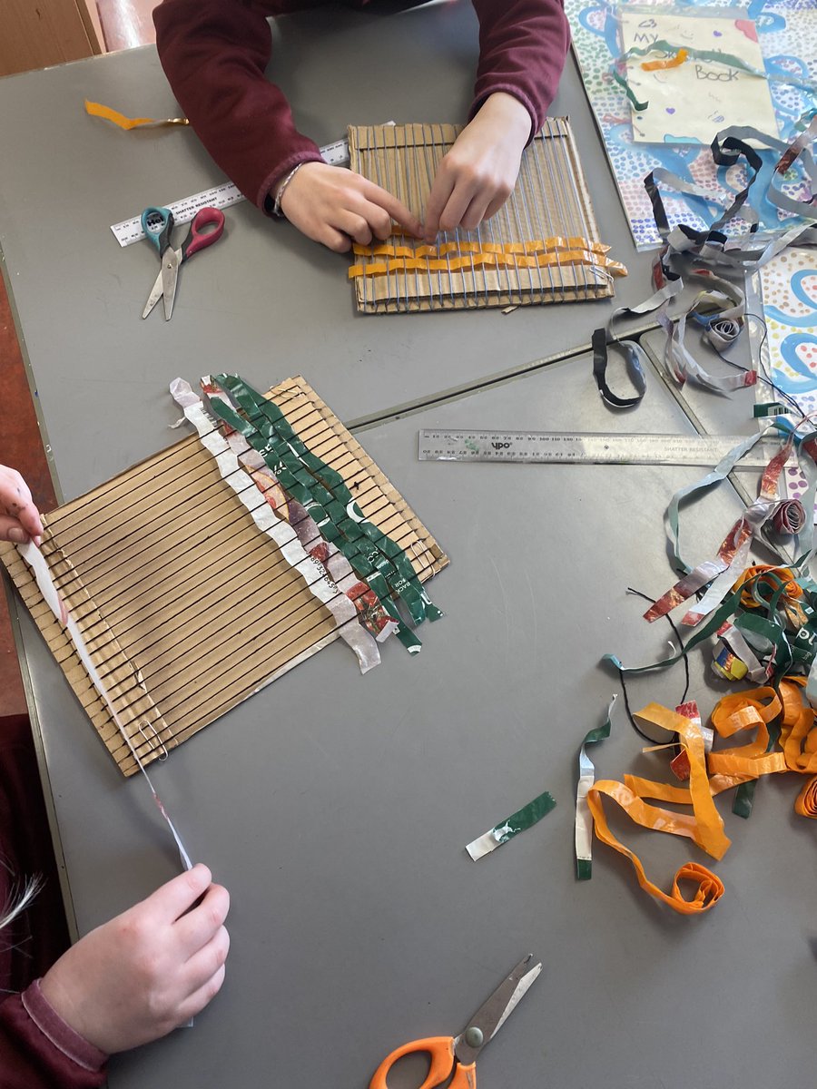 MissFergusonAr1's tweet photo. Primary 6 were very industrious this morning beginning to make their Plastic bag weaves. They handmade the loom from recycled cardboard and yarn. We focused on Global Goal #12 responsible consumption and production ♻️ looking forward to seeing the finished pieces! #globalgoals https://t.co/ZbtkHkJCYf