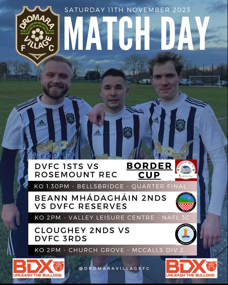 🖤🤍Weekend Fixtures🖤🤍

A massive match at home this weekend as our 1sts take on <a href="/RecRosemount/">Rosemount Rec</a>  in the 1/4 Final of the Border Cup in what should be a cracking game. 

Reserves &amp; thirds are in league action. 

#uppaweevillage