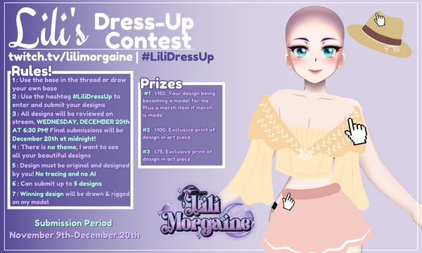 lilimorgaine's tweet photo. IT IS TIMEEEEE
Lili's first ever design contest!
Submit your designs to #LiliDressUp and enter for a chance to win 3 amazing prizes! Winner of the contest will have their design made to be one of my models!!
All rules included in the post
#ENVtuber #VtuberEN #VTuberContest https://t.co/7q3Gyx0ERJ