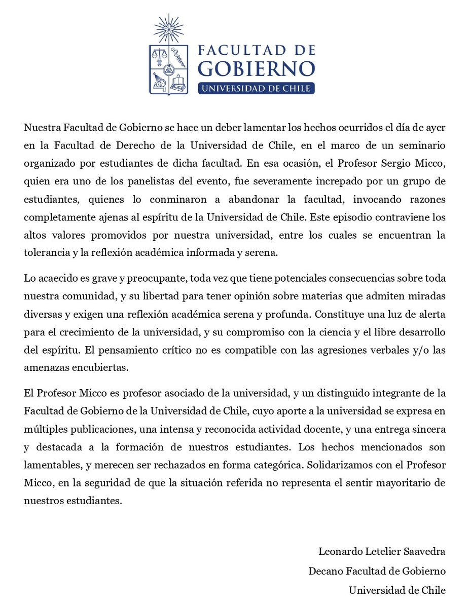 🔵 Entregamos a continuación la declaración del Decano de la Facultad de Gobierno de la Universidad de Chile, Leonardo Letelier Saavedra.