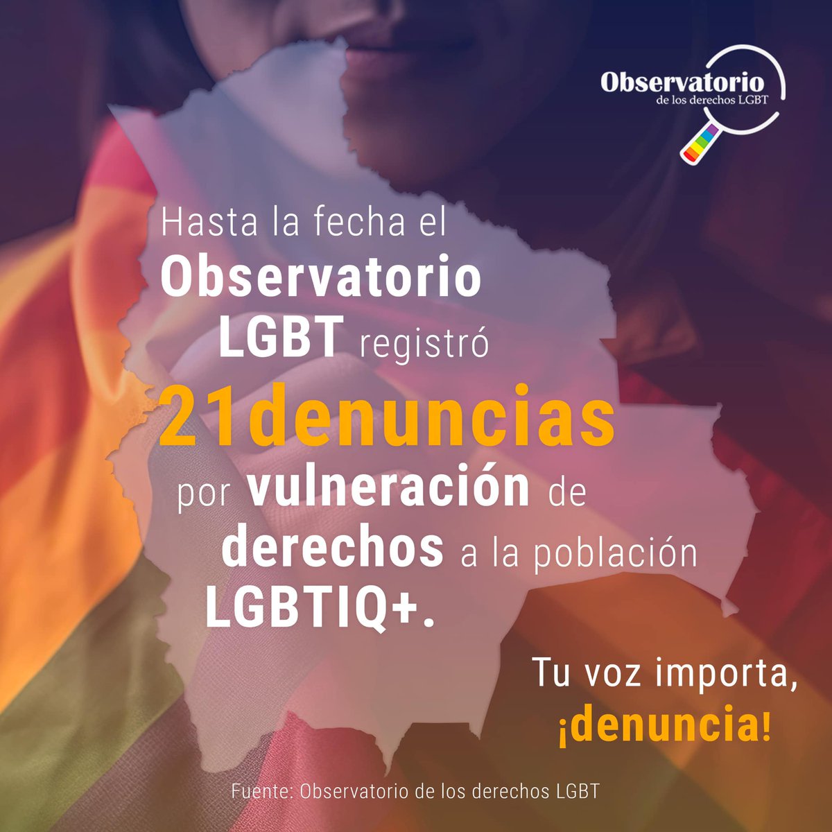 observlgbtbo's tweet photo. Sabías que hasta hoy hemos registrado 21 denuncias por vulneración de derechos a la población LGBTIQ+. Recuerda que la protección de los DDHH es un esfuerzo conjunto, y denunciar las vulneraciones es un paso importante.
#Adesproc
#Obervatoriolgbt
#Denuncia
#DerechosLGBTIQ+ https://t.co/D0xnrIrt6B