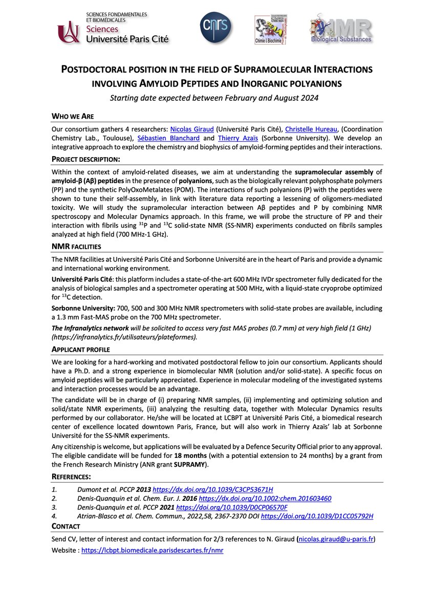Nicolas Giraud (@_nicolas_giraud) on Twitter photo We are hiring a postdoctoral researcher for an ANR granted project targeting the exploration of supramolecular interactions involving amyloid-forming peptides and polyanions. #hiring #PostDoc #NMR #Amyloid <a href="/univ_paris_cite/">Université Paris Cité</a> <a href="/HureauLab/">Alzheimer, Amyloids and Bioinorganic Chemistry</a> <a href="/ThierryAzais/">Thierry Azaïs</a> <a href="/elisejdumont/">Elise Dumont</a> <a href="/AgenceRecherche/">ANR - Agence nationale de la recherche</a> We are hiring a postdoctoral researcher for an ANR granted project targeting the exploration of supramolecular interactions involving amyloid-forming peptides and polyanions. #hiring #PostDoc #NMR #Amyloid <a href="/univ_paris_cite/">Université Paris Cité</a> <a href="/HureauLab/">Alzheimer, Amyloids and Bioinorganic Chemistry</a> <a href="/ThierryAzais/">Thierry Azaïs</a> <a href="/elisejdumont/">Elise Dumont</a> <a href="/AgenceRecherche/">ANR - Agence nationale de la recherche</a>