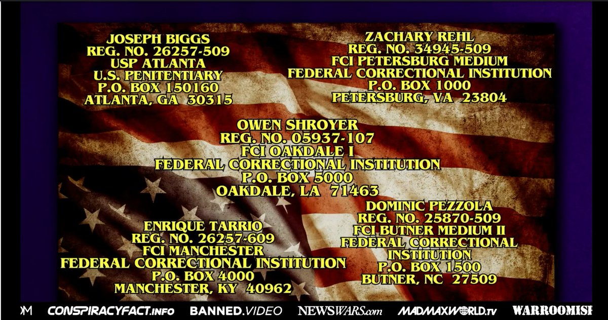🚨 Innocent American Patriots are being starved and tortured by Gestapo in U.S. Gulags in NAZI AMERIKA! Write to these prisoners to give them support! Support them at: condemnedusa.com/legislative-ef… #OwenShroyer @OwenShroyer1776 #JoeBiggs #EnriqueTarrio #DominicPezzola #ZacharyRehl