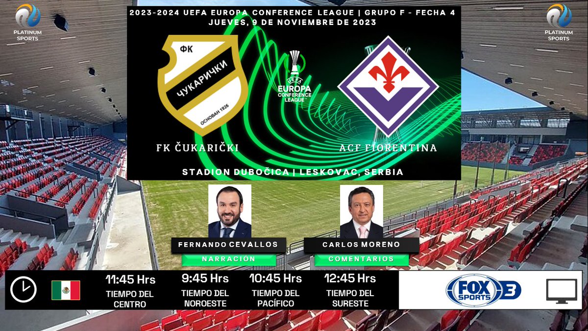 ramonovic09's tweet photo. #UECL 2023-2024 #GroupStage #Fecha4 | @CukarickiFk 🆚 @acffiorentina
 
🇷🇸 #Čukarički 🇮🇹 #Fiorentina
🗓️ Hoy
🇲🇽 ⏰ 11:45 Hrs TC, 9:45 Hrs TP
📺 @FOXSportsMX 3
📱💻 @PrimeVideoMX
🎤 @FerCevallosF
🎤📝 @carlosmoreno_w

🤳🏼 #UECLxFSMX #CUKFIO #ČukaričkiFiorentina https://t.co/JCOQ2nkP0H