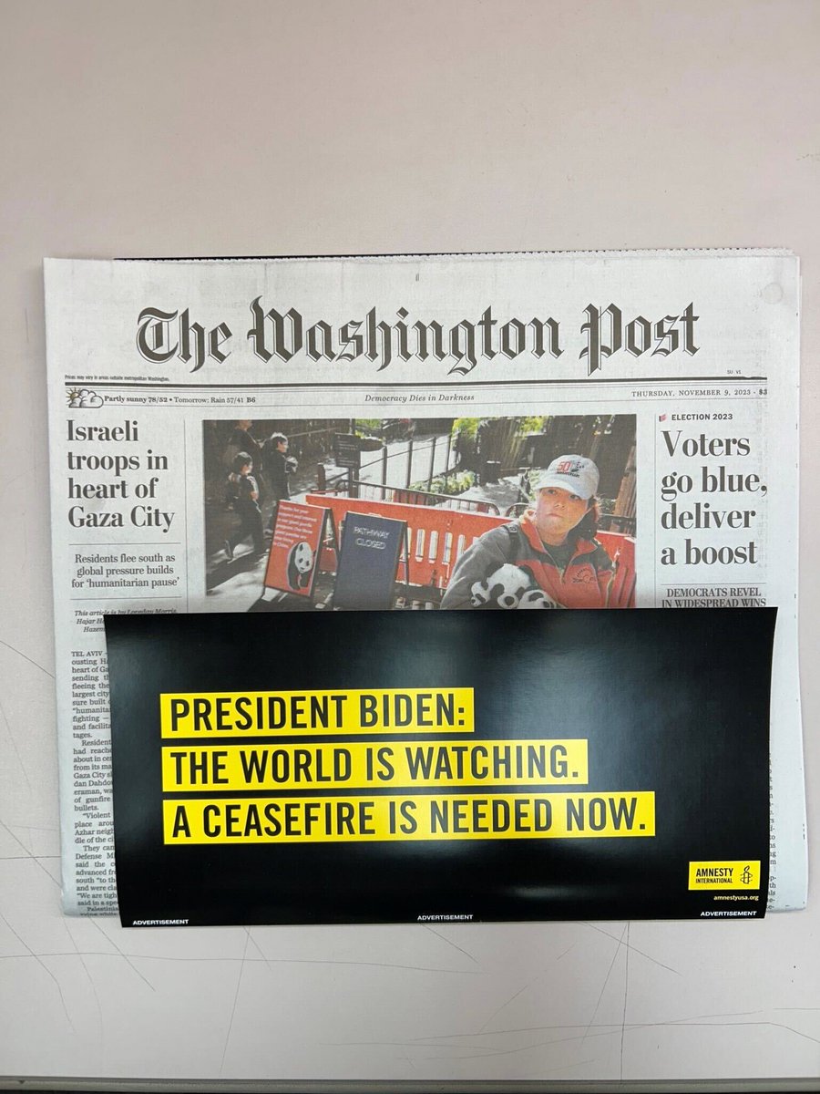 amnestyusa's tweet photo. TODAY - Delivered to every office in the @WhiteHouse. Over 600 international organizations have called for a ceasefire to prevent further loss of civilian lives. @amnestyusa continues to remind @potus that the world is watching and we need a #Ceasefire Now! https://t.co/VxtPJA7OJr