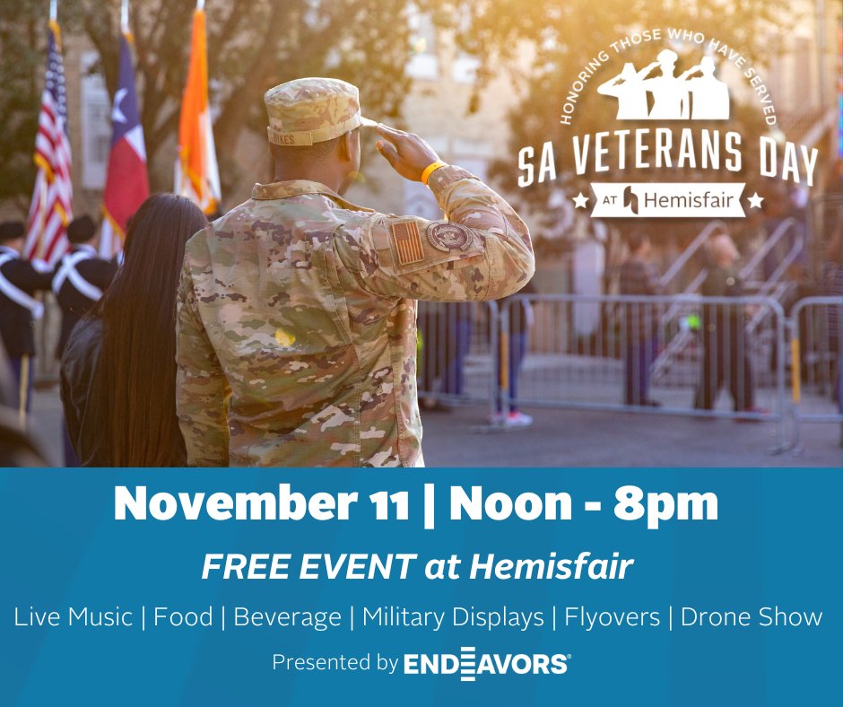 Looking for a fun way to enjoy the beautiful weather this weekend? Endeavors is proud to present SA Veterans Day, a FREE event at Hemisfair! Join us in a fun-filled day of activities to help celebrate our veterans! @hemisfair