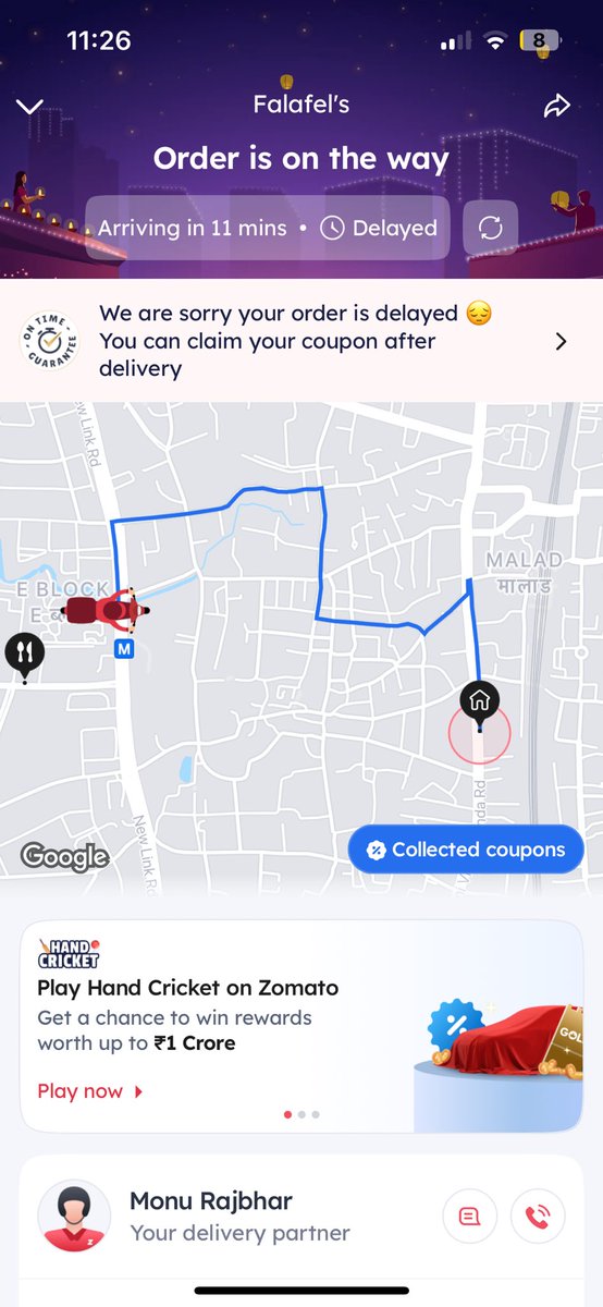 GauravChanodia's tweet photo. @zomato food was ordered at 09:58. It’s already 11:26 and the tracker still shows 12 minutes and the delivery partner has informed that he had 2 deliveries to do so he will be delivering the other order 1st and then deliver my order. https://t.co/1vE0jluTR3