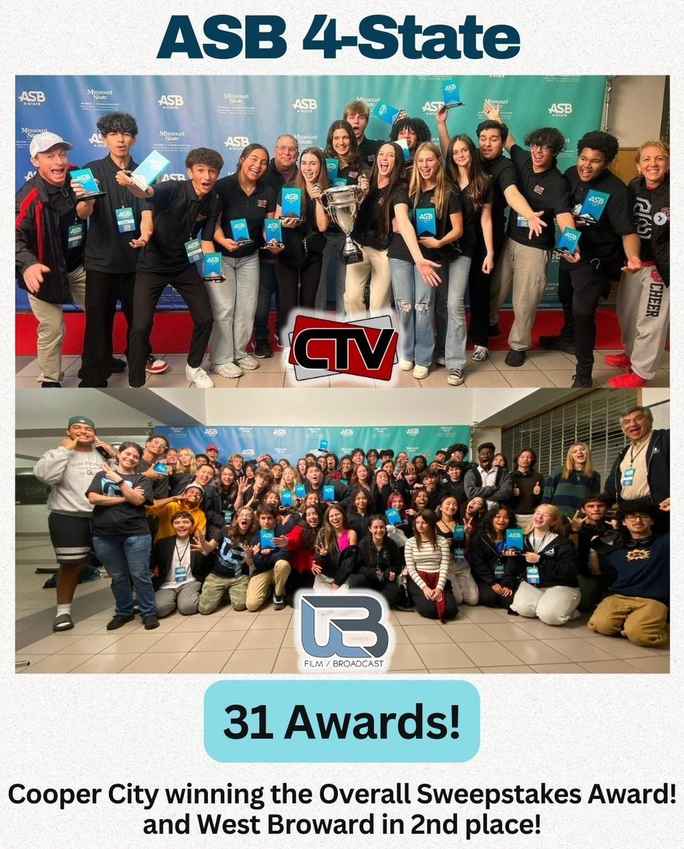 Let's take a moment to really acknowledge this phenomenal achievement. At the ASB 4-State National competition in Missouri this year, Cooper City's @cchsctv & West Broward's @wbtvclub won 31 Awards! (41% of all awards.) Cooper City also won the coveted overall Sweepstakes…