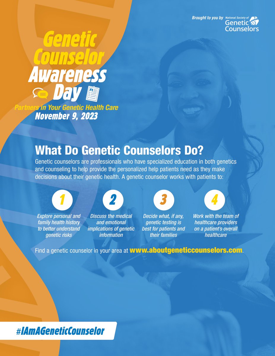 MyGeneCounsel's tweet photo. Happy #GCAwarenessDay! Are you interested in learning more about the field? Are you wondering if you should make an appointment with a #geneticcounselor? 

--> Check out https://t.co/NioLvBjJ32 for more info

#GeneChat #PrecisionMedicine @GeneticCouns https://t.co/GOQfmbwQHQ