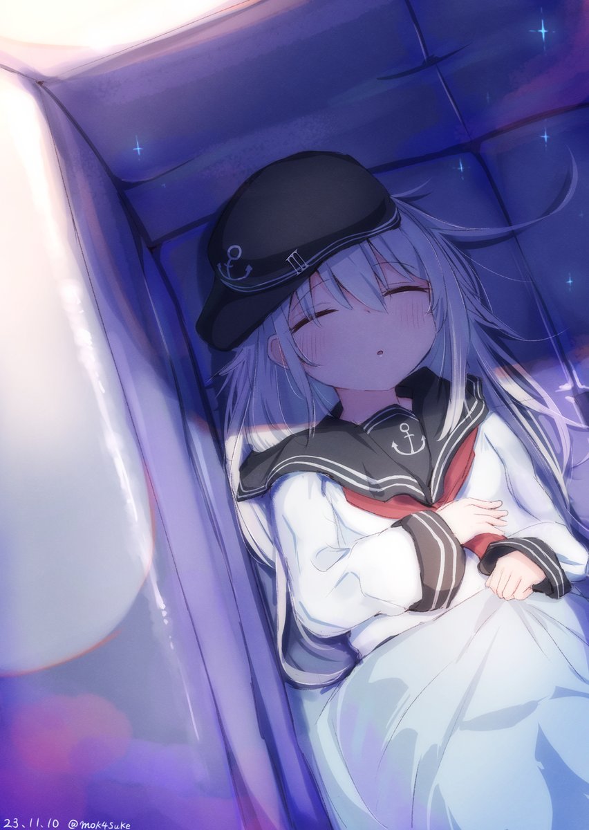 hibiki (kancolle) 1girl solo long hair hat school uniform sleeping serafuku  illustration images