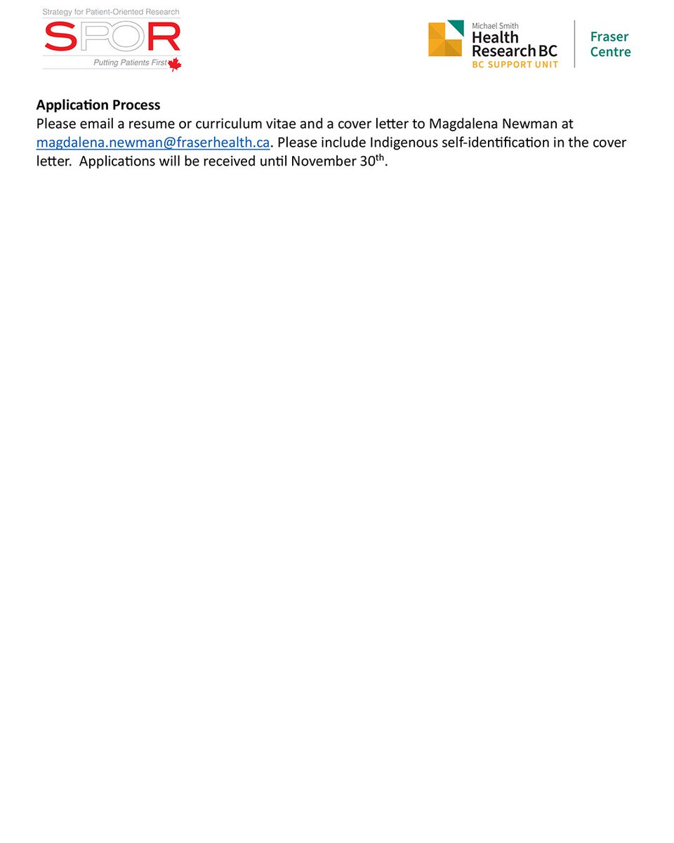 BCNEIHR's tweet image. The Fraser Salish Indigenous Protocols for Health Research and Program Evaluation project team is seeking a Coordinator who self-identifies as Indigenous. The team is made up of members from @Fraserhealth @fnha @MetisNationBC @SFU @BCSUPPORTUnit and the BC NEIHR!
Deadline: Nov 30