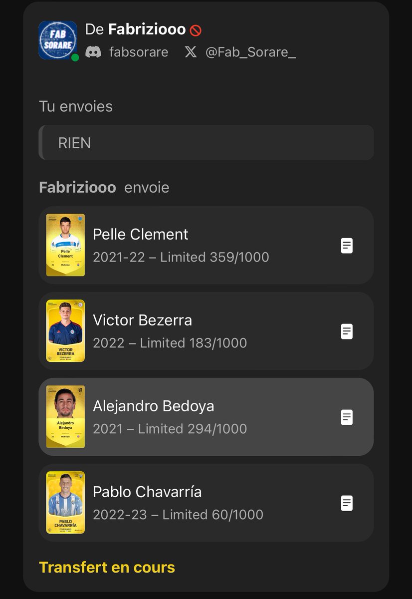 nlgallo56's tweet photo. Giveway #Sorare ⚽️

Top 1 sur la dernière GW dans la ligue privée organisée de @Fab_Sorare_ et j’ai gagné ses quelques cartes. 

Je vous les fais gagner 🎁

Condition : 
▶️ Follow mon compte et celui de @Fab_Sorare_ 
▶️ RT ce tweet

Tirage demain ! Bonne chance à tous 🍀 https://t.co/9s7I9vMXGQ