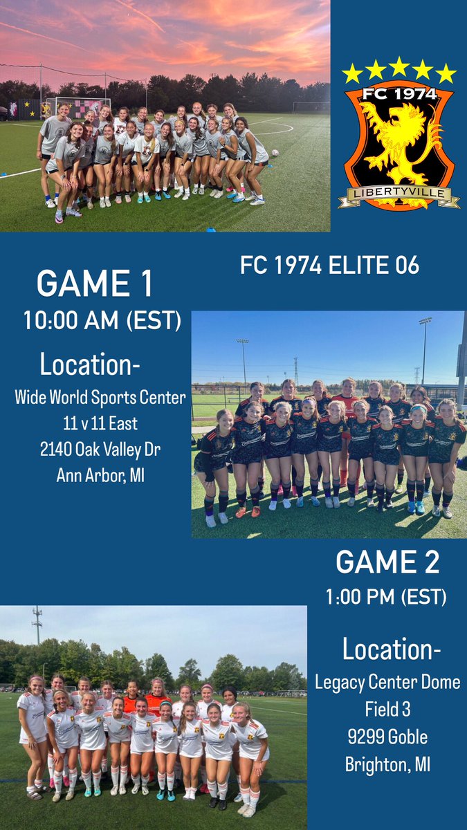 I am so excited to travel with my team to Michigan this weekend! Check out our game times and locations! <a href="/FC1974_G2006/">FC 1974 2006</a> <a href="/Smileski17/">Srgjan Smileski</a> <a href="/FC1974GLSA/">GLSA FC 1974 Libertyville</a>