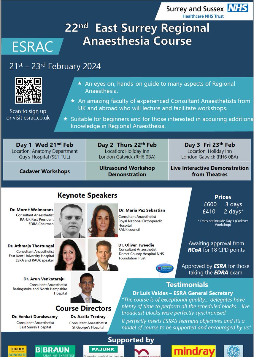 East Surrey Regional Anaesthesia Course 21-23rd Feb 24! #ESRAC2024 #RegionalAnaesthesia Thank you @ESRA_Society @RegionalAnaesUK @docmorne @KiJinnChin @mariapsebastian @MadanNarayanan @ATredray @ParrasTeresa @drvenkatd @DavidBstl @ashwani_doc @docbaskar Registration open soon