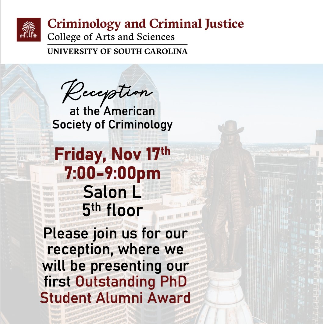 For those attending the American Society of Criminology meeting in Philadelphia, please join us for the USC reception at the conference hotel on Friday November 17th from 7-9pm in Salon L (5th floor). We hope to see you there!