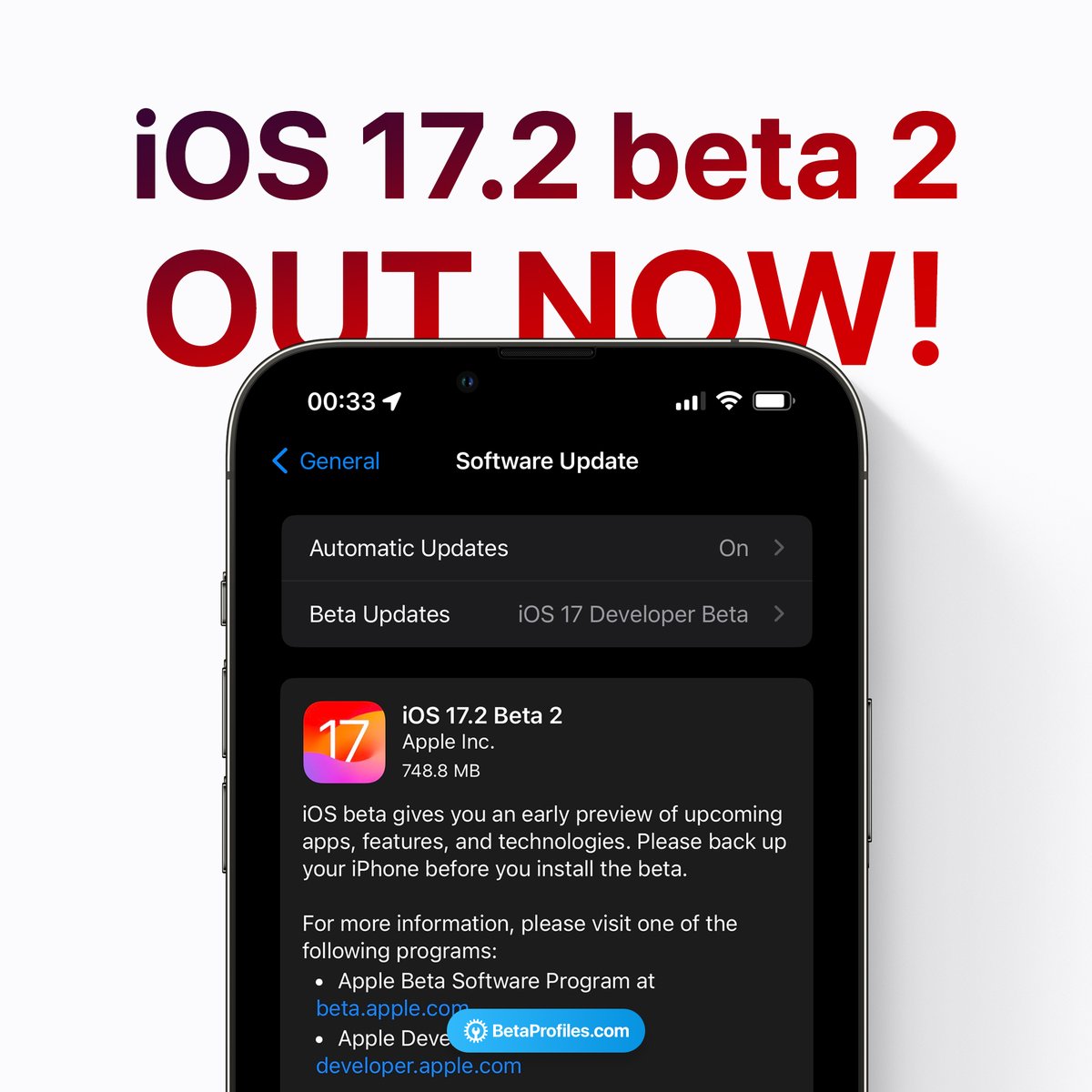 BetaProfiles's tweet image. Finally, iOS 17.2 beta 2 has been released.