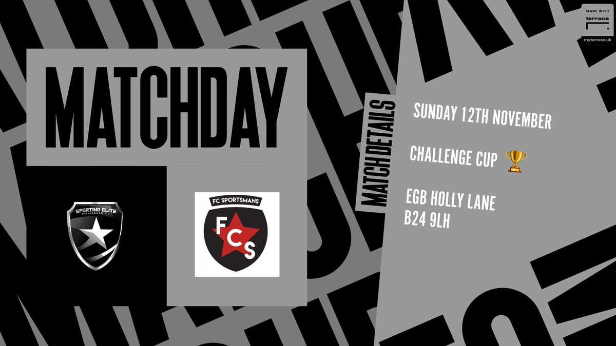 𝐌𝐀𝐓𝐂𝐇𝐃𝐀𝐘..

📆| Sun 12th November
🏆| Challenge Cup
🆚| <a href="/FC_Sportsmans/">FC Sportsmans 🏆🏆</a> 
⏰| 10:30 KO. 
📍| Holly Lane B24 9LH

UTS 🩶
