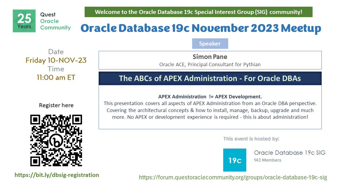 Biju Thomas (@biju_thomas) on Twitter photo Quest Oracle Community - Database 19c SIG November Meeting is tomorrow (10-Nov-2023) at 11 AM ET.
Register here: lnkd.in/exFSAyNP
<a href="/QuestUserGroup/">Quest Oracle Community</a> <a href="/IOUG/">IOUG Database & Technology Community</a> <a href="/simonpane/">Simon Pane</a> <a href="/AnujMo/">Anuj Mohan</a> <a href="/oracleace/">Oracle ACE Program</a> <a href="/OracleAPEX/">Oracle APEX</a> Quest Oracle Community - Database 19c SIG November Meeting is tomorrow (10-Nov-2023) at 11 AM ET.
Register here: lnkd.in/exFSAyNP
<a href="/QuestUserGroup/">Quest Oracle Community</a> <a href="/IOUG/">IOUG Database & Technology Community</a> <a href="/simonpane/">Simon Pane</a> <a href="/AnujMo/">Anuj Mohan</a> <a href="/oracleace/">Oracle ACE Program</a> <a href="/OracleAPEX/">Oracle APEX</a>
