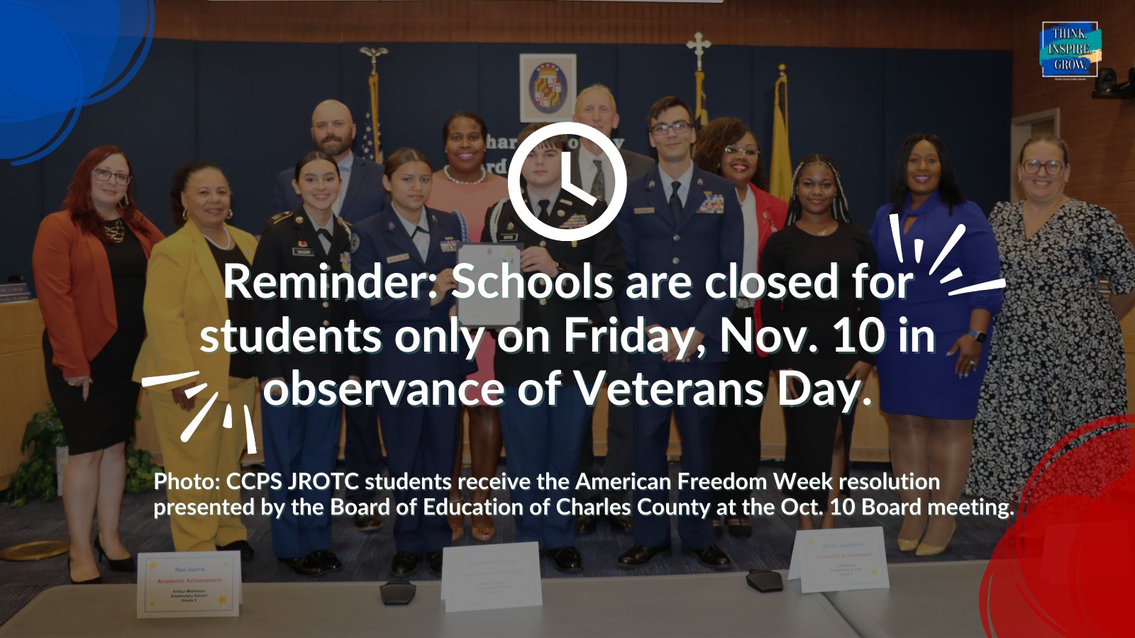 Charles County Public Schools on X: "Just a reminder that schools are  closed, Friday, Nov. 10 for students only. Visit https://t.co/fRjLEu3nCY  for more updated calendar information. https://t.co/a3WEObHSbk" / X