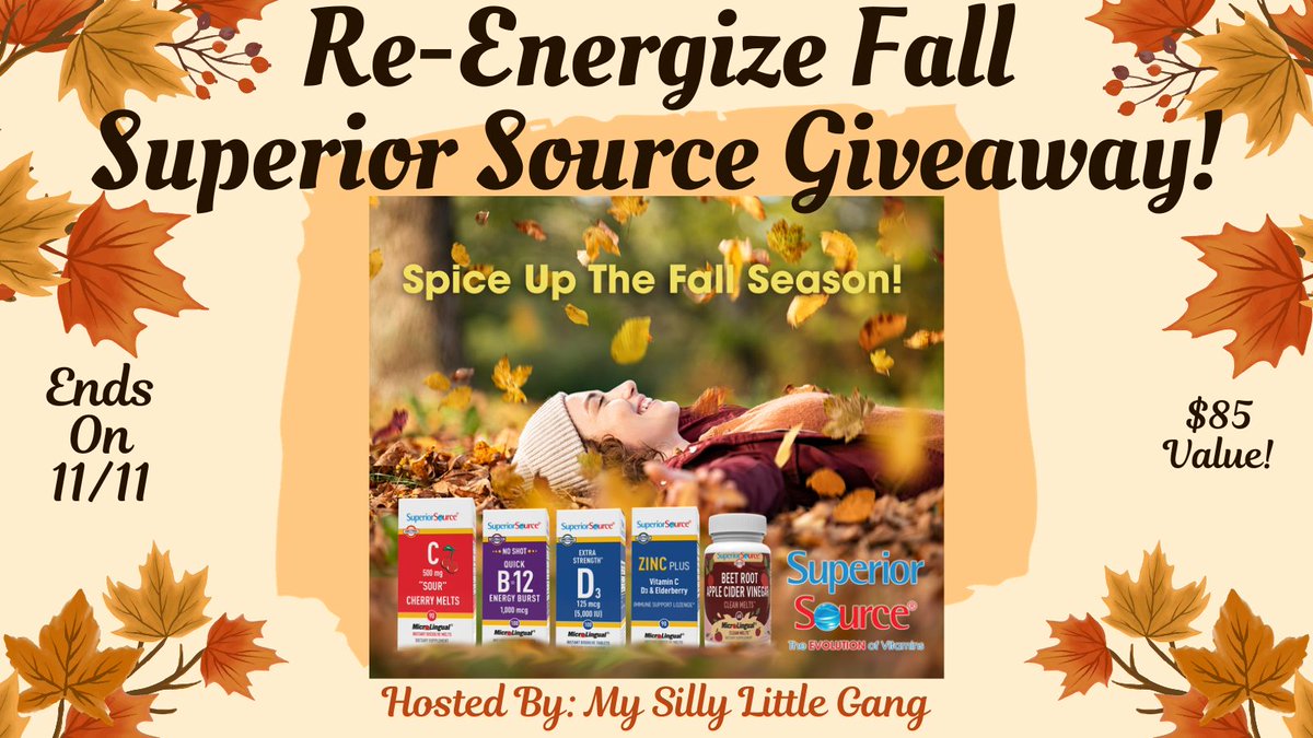 SilvieArmas's tweet image. Enter The Re-Energize Fall Superior Source Giveaway! 1 Winner Will Win A Superior Source Vitamins bundle! Ends 11/11 @SuperiorSource #SuperiorSourceVitamins #Microlingual #InstantDissolveTablets #MySillyLittleGang
Enter Here --&amp;gt; bit.ly/46KoiUC