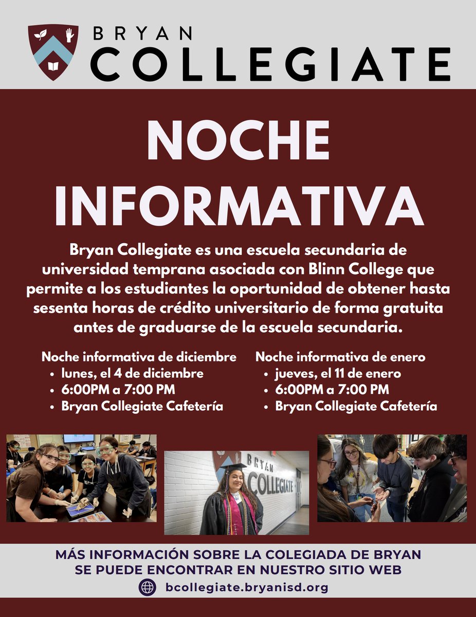 The BCHS Info nights are coming up for students interested in attending Bryan Collegiate for the 2024-2025 school year.  Please see the flyers below for more information! <a href="/BryanISD/">Bryan ISD</a>