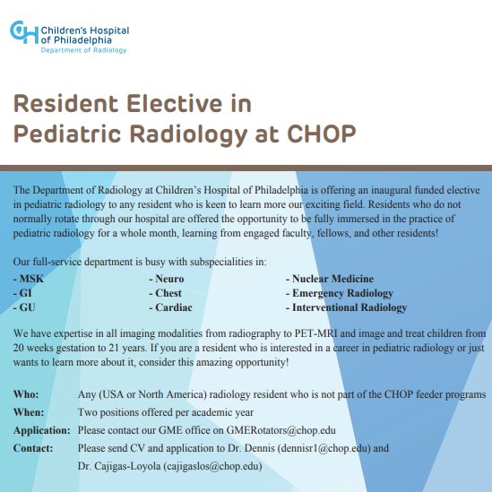 We are excited to share that we are now accepting applications for our new Visiting Resident Elective! Radiology residents have the chance to participate in a month-long immersive experience, learning about the exciting field of Pediatric Radiology😄

#RadRes #PediatricRadiology