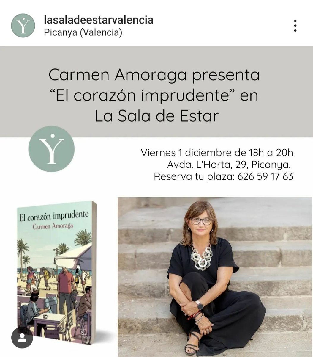 Rosa Alejos (@rosamaralm) on Twitter photo Presentación de "El corazón imprudente" ❤️el viernes día 1 de diciembre en La Sala de Estar 📚🥰 Picanya, Valencia.
<a href="/AmoragaCarmen/">Carmen Amoraga</a>
#elcorazonimprudente
Instagram: @sorayasoler_life
@lasaladeestarvalencia
#picanya #valencia Presentación de "El corazón imprudente" ❤️el viernes día 1 de diciembre en La Sala de Estar 📚🥰 Picanya, Valencia.
<a href="/AmoragaCarmen/">Carmen Amoraga</a>
#elcorazonimprudente
Instagram: @sorayasoler_life
@lasaladeestarvalencia
#picanya #valencia