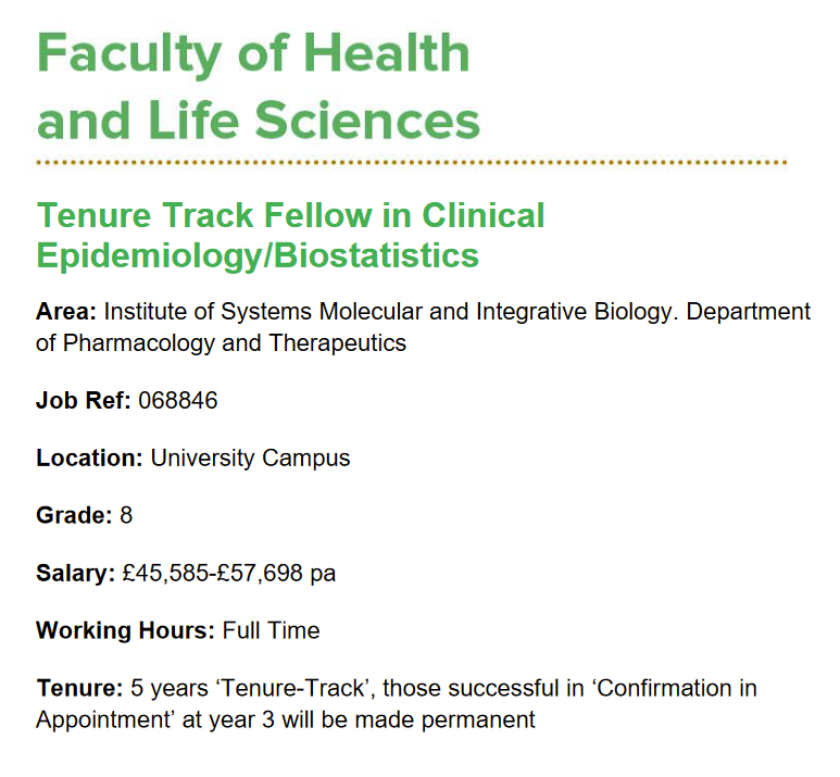 JOB OPPORTUNITY: Tenure Track Fellow in Clinical Epidemiology/Biostatistics at @LivUni, with external mentoring and support in causal inference methods from me! 😎 #EpiTwitter jobs.ac.uk/job/DEA752/ten…