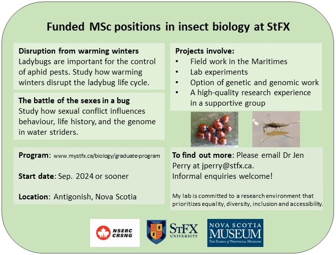 Fully funded MSc positions available in my lab in 2024 @stfxuniversity . Bugs, behaviour, evolution, all in small town Nova Scotia 🐞🇨🇦 Please share!