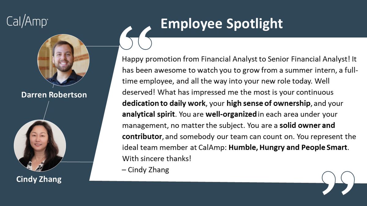 Our November Employee Spotlight features Senior Financial Analyst Darren Robertson! We're extremely proud of the hard work you put in each day to keep our Finance team going strong. Thank you, Darren, for being a dedicated and humble team player at CalAmp! 🎊