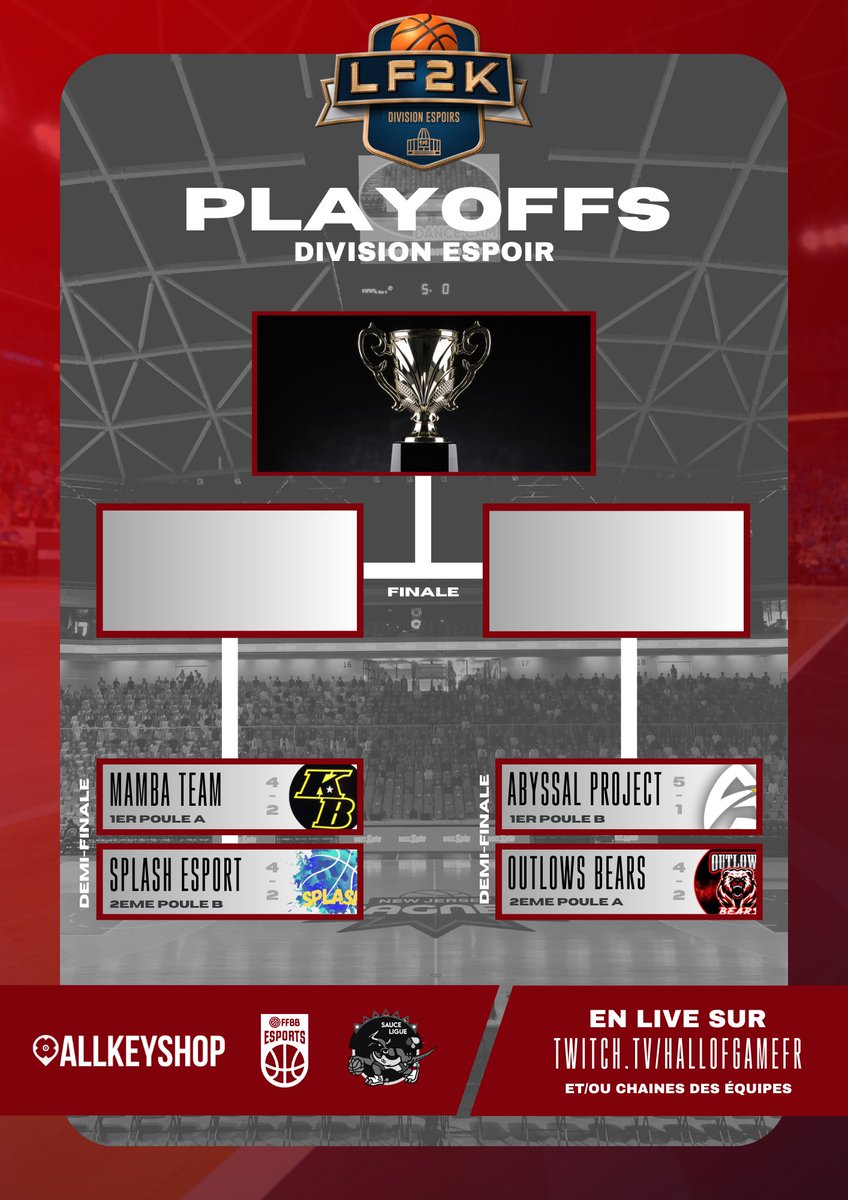 🔴 | 𝐏𝐋𝐀𝐘𝐎𝐅𝐅𝐒

Début des playoffs ce soir de la division ESPOIRS x <a href="/SauceLigue/">SAUCE Ligue</a> 🔥

<a href="/MambaTeam3/">MAMBA COME BACK 👑</a> 🆚️ <a href="/Splash_esport/">SPLASH</a> 
@AbyssalProject 🆚️ <a href="/OutlowsBears/">Outlows Bears</a> 

À suivre sur les chaînes des joueurs 🫡